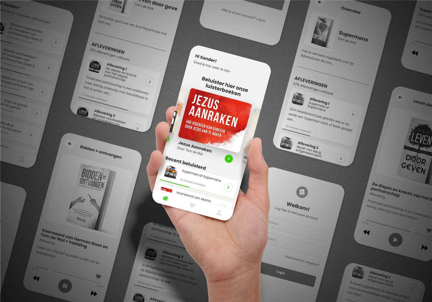 Christelijke luisterboeken app mockup met meerdere telefoons