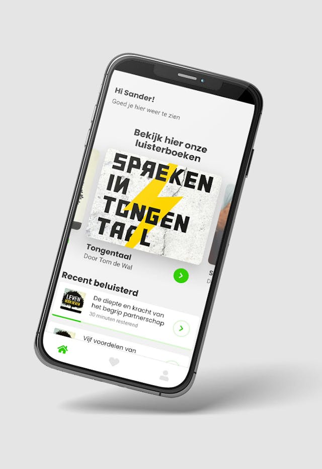 Christelijke luisterboeken app mockup, spreken in tongentaal